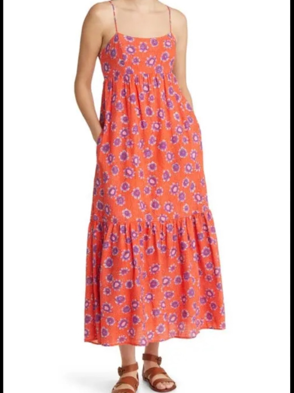 Xirena Fae midi dress orange purple poppy floral print XL maxi with pockets